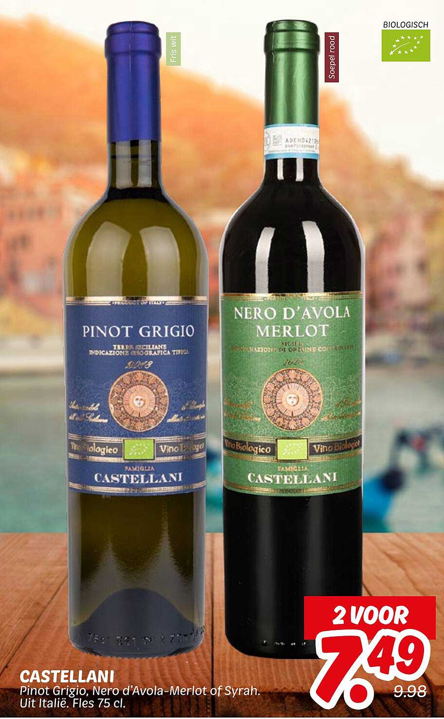 CASTELLANI Pinot Grigio, Nero d'Avola-Merlot of Syrah. Uit Italië. Fles 75 cl.