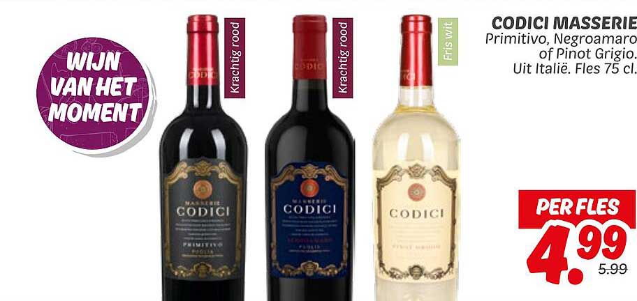 CODICI MASSERIE Primitivo, Negroamaro of Pinot Grigio. Uit Italië. Fles 75 cl.