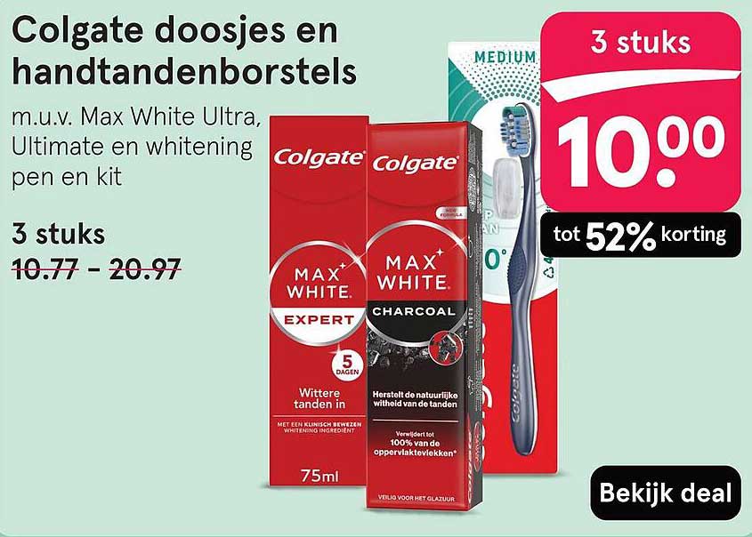 Colgate doosjes en handtandenborstels m.u.v. Max White Ultra, Ultimate en whitening pen en kit