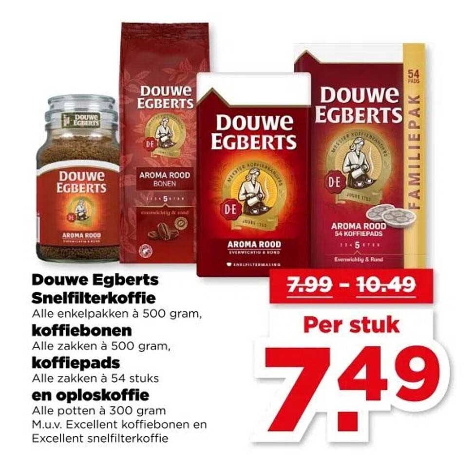 Douwe Egberts Snelfilterkoffie Alle enkelpakken à 500 gram, koffiebonen, Alle zakken à 500 gram, koffiepads, Alle zakken à 54 stuks en oploskoffie, Alle potten à 300 gram M.u.v. Excellent koffiebonen en Excellent snelfilterkoffie