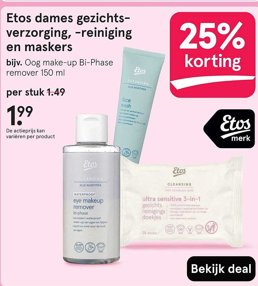 Etos dames gezichtsverzorging, -reiniging en maskers met 25% korting