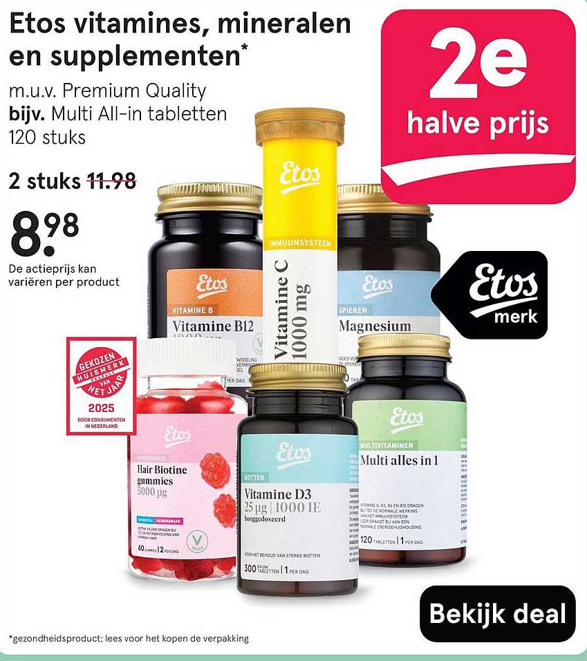 Etos vitamines, mineralen en supplementen m.u.v. Premium Quality bijv. Multi All-in tabletten 120 stuks