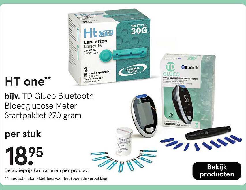 HT one bijv. TD Gluco Bluetooth Bloedglucose Meter Startpakket 270 gram
