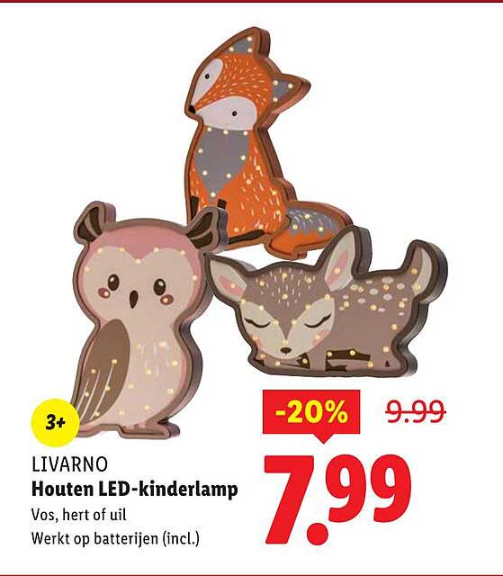 LIVARNO Houten LED-kinderlamp Vos, hert of uil