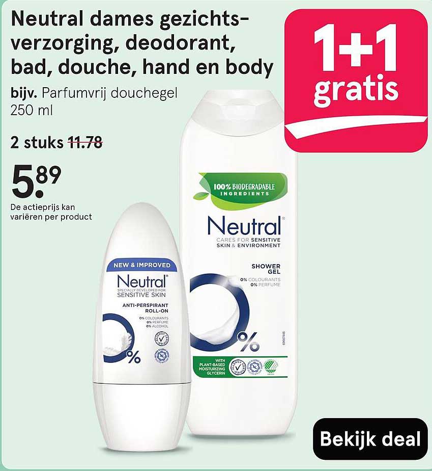 Neutral dames gezichtsverzorging, deodorant, bad, douche, hand en body bijv. Parfumvrij douchegel 250 ml