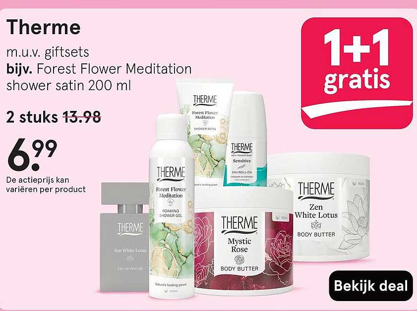 Therme m.u.v. giftsets bijv. Forest Flower Meditation shower satin 200 ml