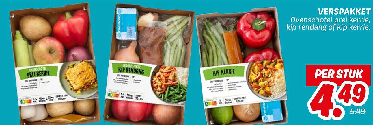 VERSPAKKET Ovenschotel prei kerrie, kip rendang of kip kerrie.