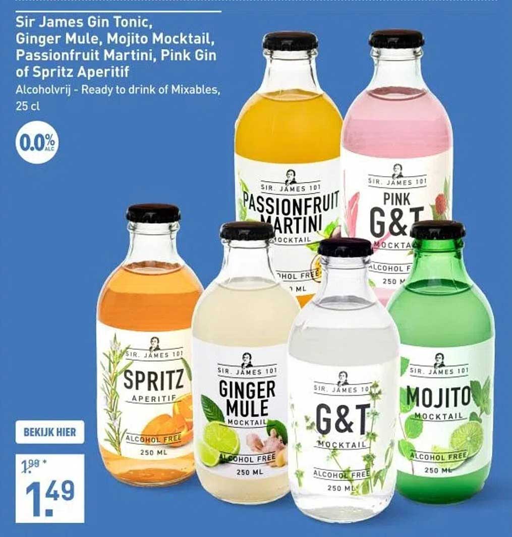 Sir James Gin Tonic, Ginger Mule, Mojito Mocktail, Passionfruit Martini, Pink Gin of Spritz Aperitief