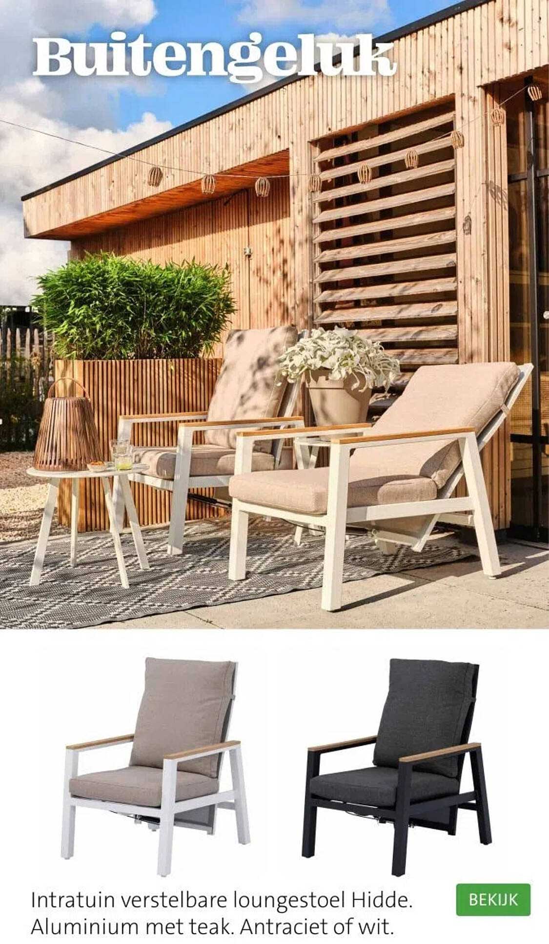 Intratuin verstelbare loungestoel Hidde. Aluminium met teak. Antraciet of wit.