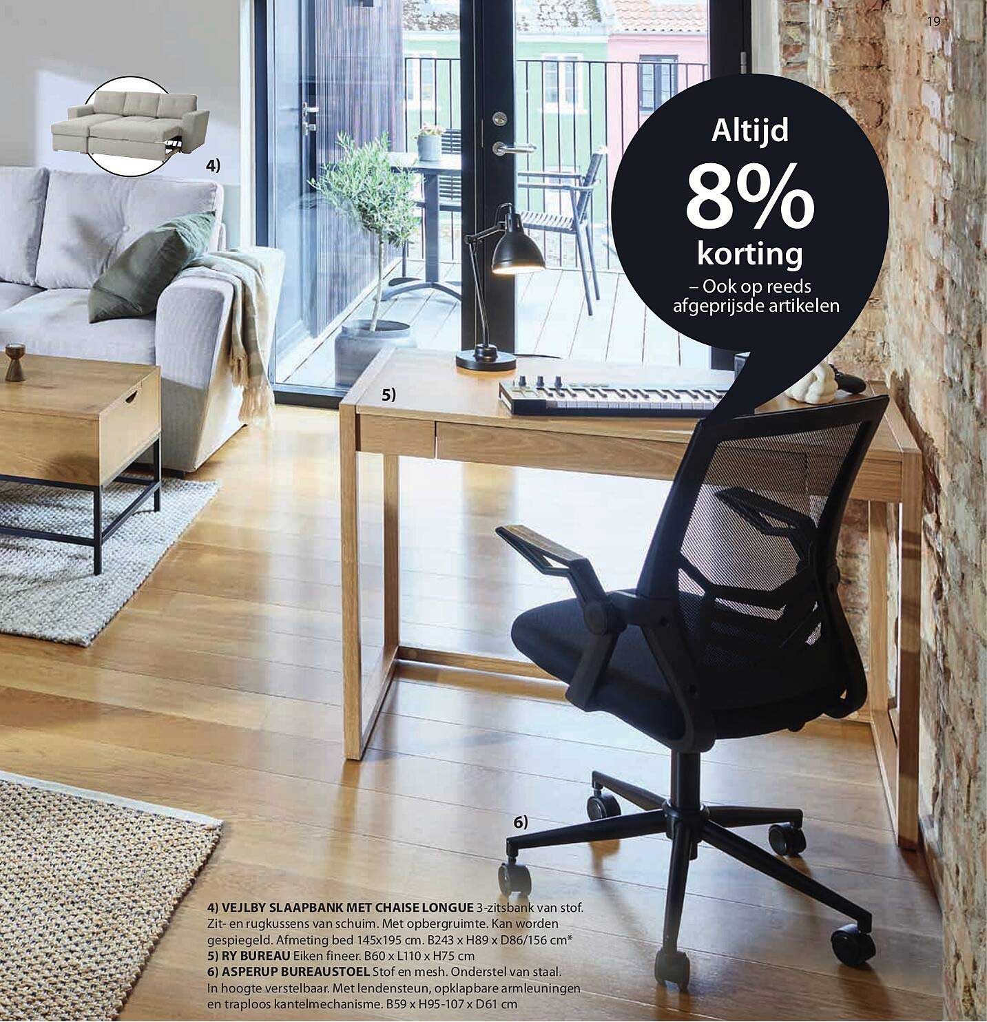 VEJLBY SLAAPBANK MET CHAISE LONGUE 3-zitsbank van stof.