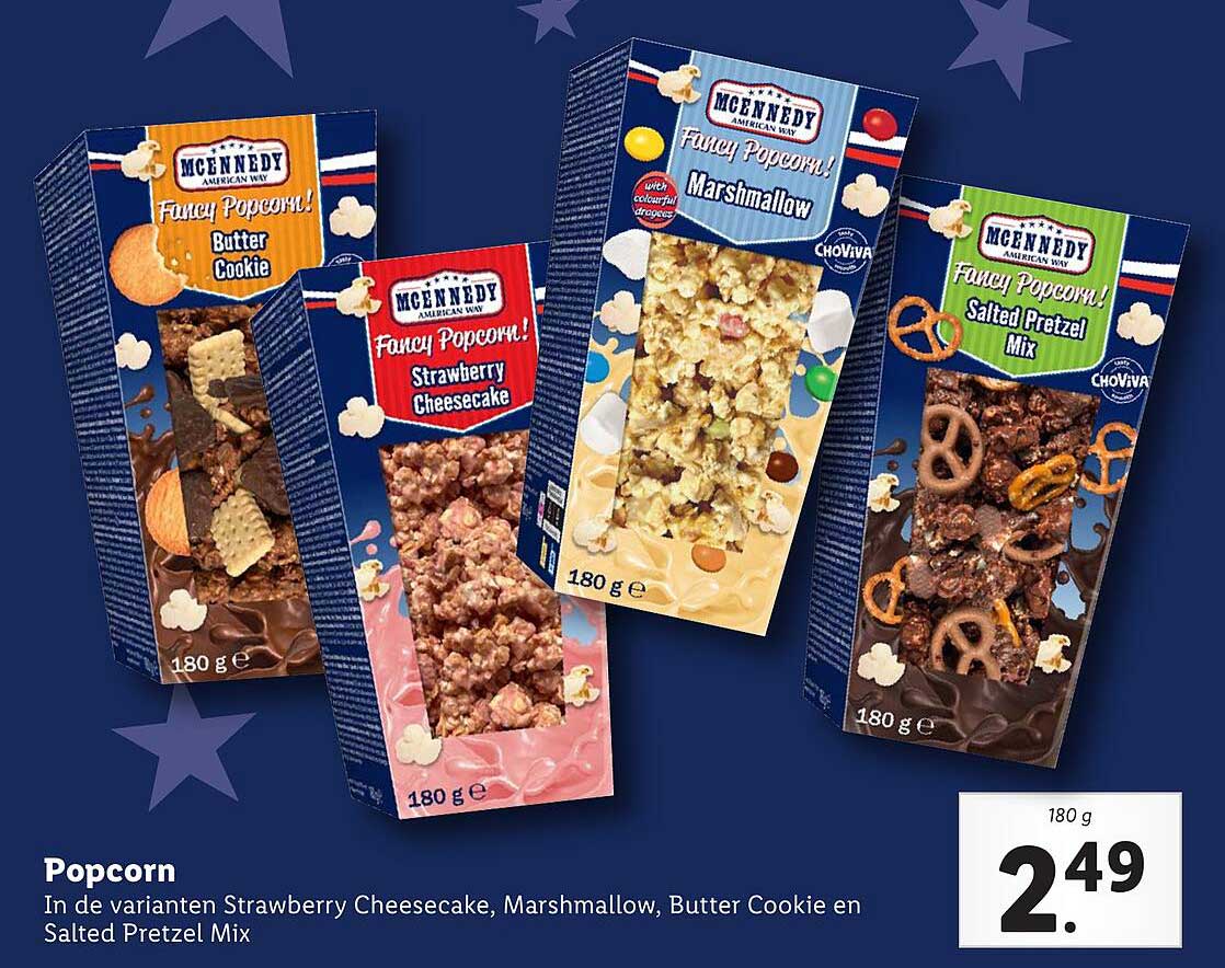 Popcorn in de varianten Strawberry Cheesecake, Marshmallow, Butter Cookie en Salted Pretzel Mix