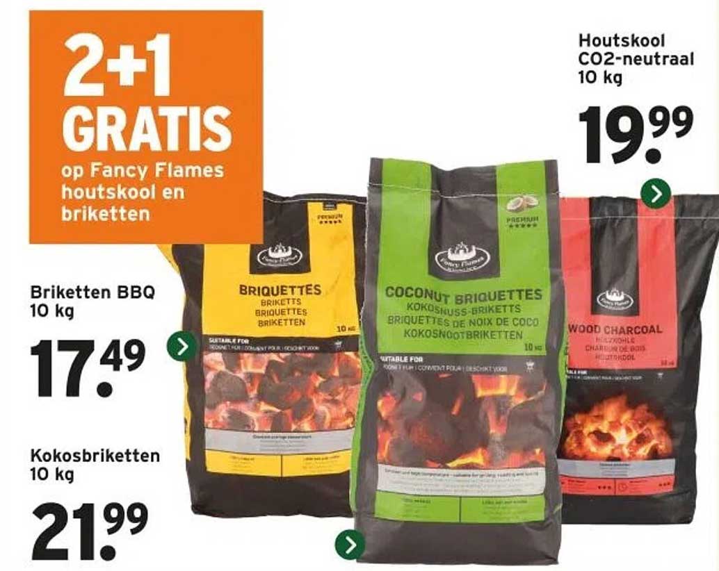 2+1 GRATIS op Fancy Flames houtskool en briketten