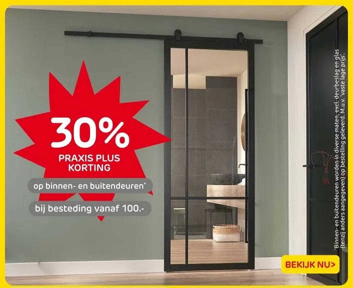 30% PRAKIS PLUS KORTING op binnen- en buitendeuren bij besteding vanaf 100.-