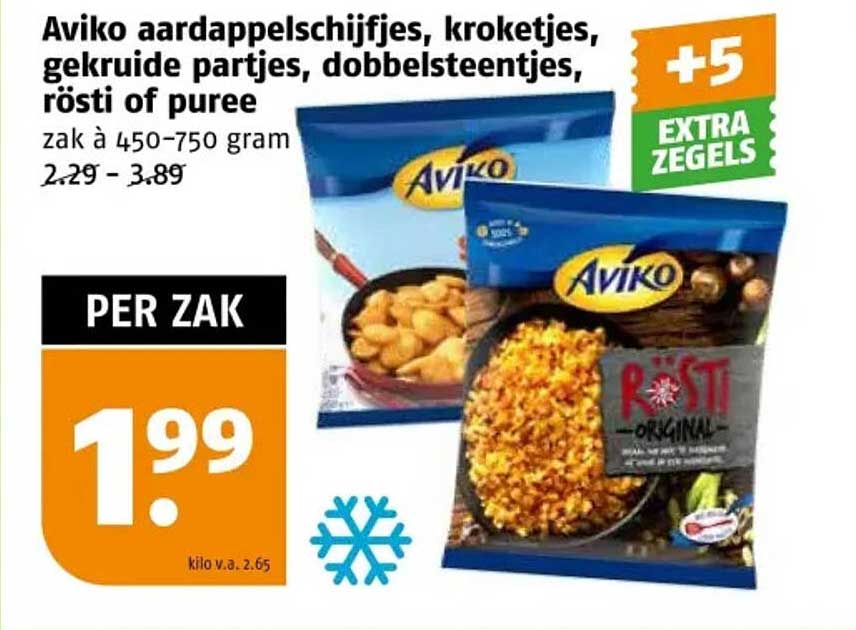 Aviko aardappelschijfjes, gekruide partjes, kroketjes, dobbelsteentjes, rösti of puree