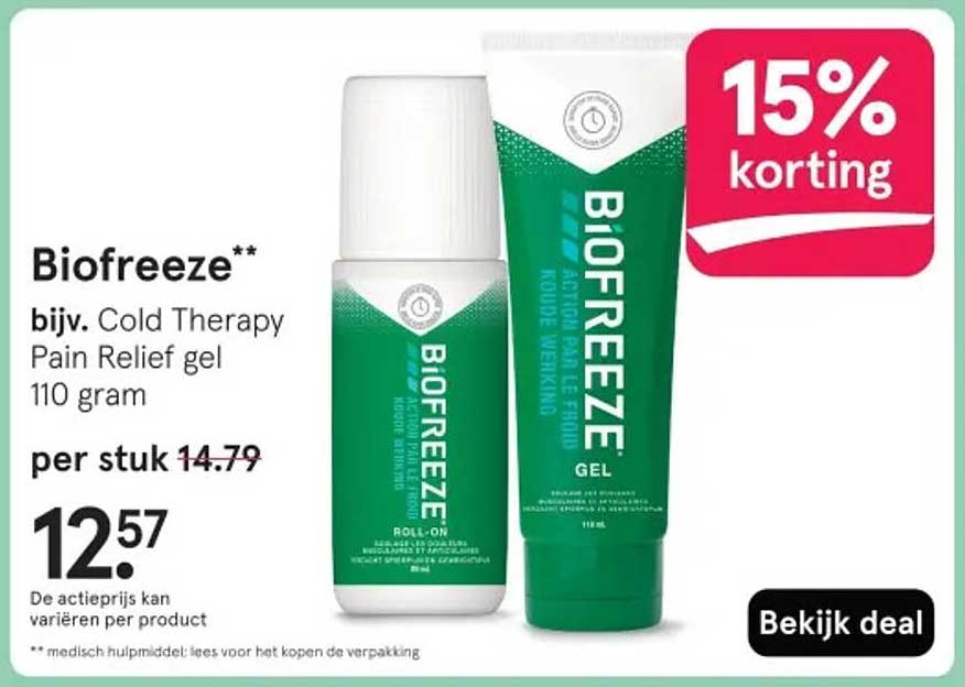 Biofreeze** bijv. Cold Therapy Pain Relief gel 110 gram
