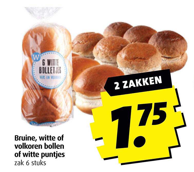 Bruine, witte of volkoren bollen of witte puntjes zak 6 stuks