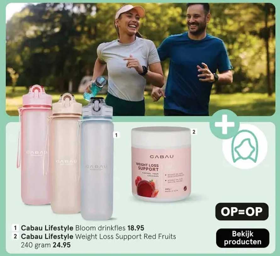 Cabau Lifestyle Bloom drinkfles 18.95 en Cabau Lifestyle Weight Loss Support Red Fruits 240 gram 24.95