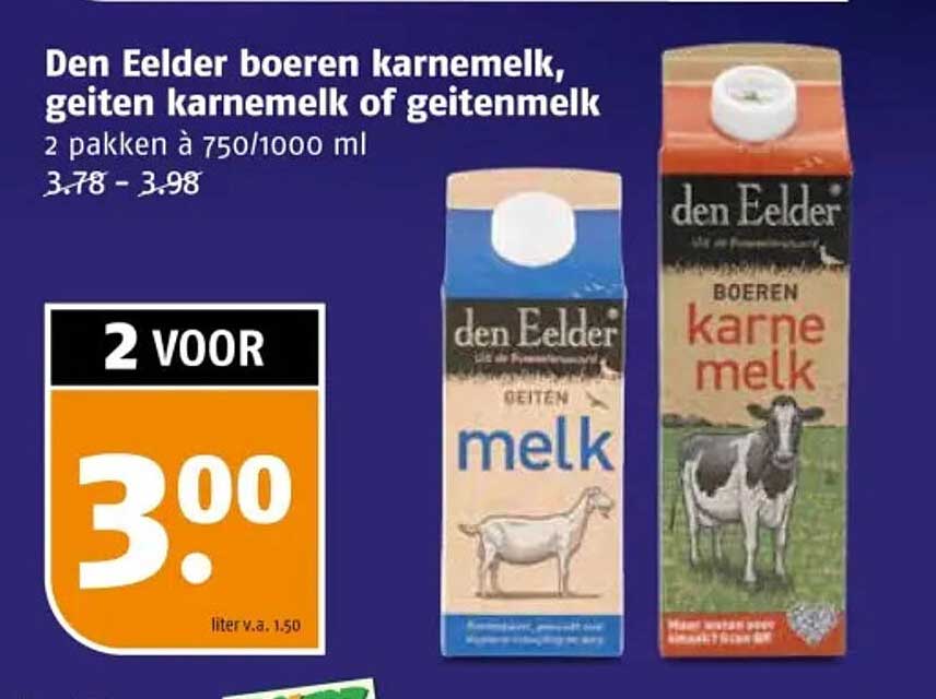 Den Eelder boeren karnemelk, geiten karnemelk of geitenmelk 2 pakken à 750/1000 ml