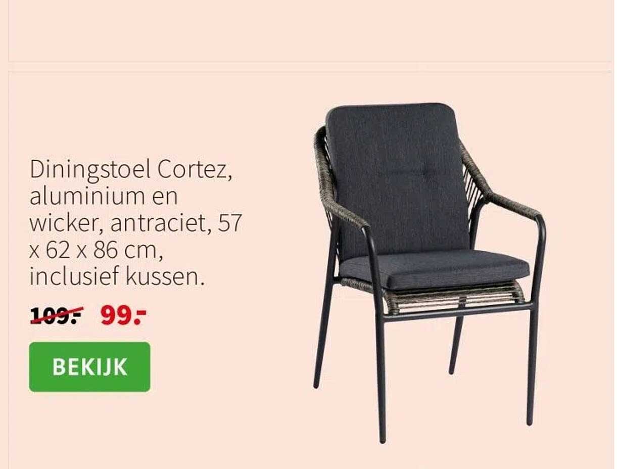 Diningstoel Cortez, aluminium en wicker, antraciet, 57 x 62 x 86 cm, inclusief kussen.