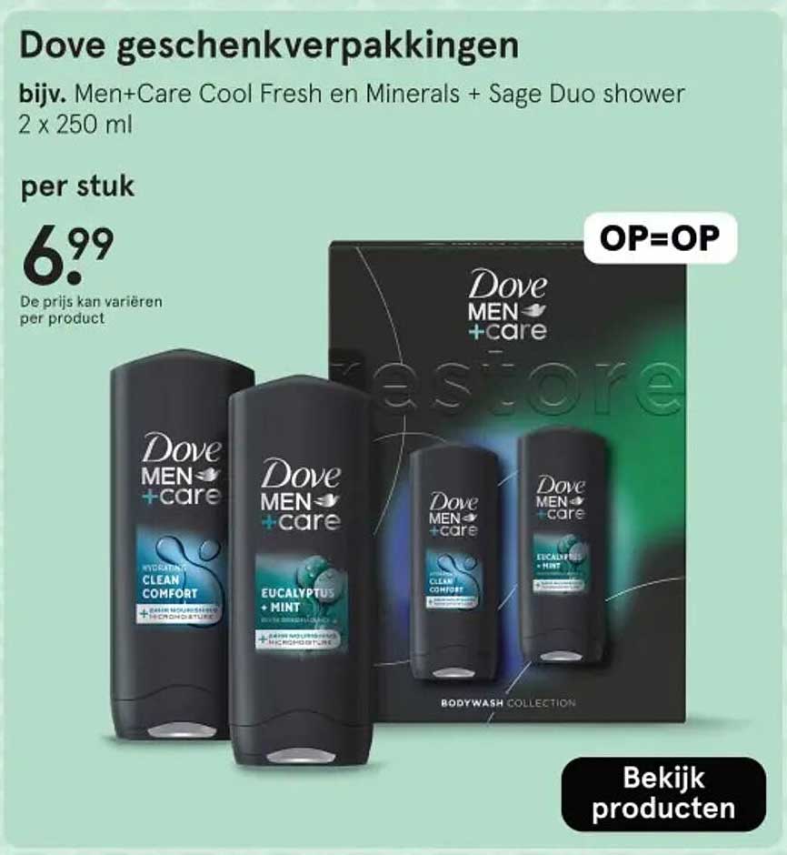 Dove geschenkverpakkingen bijv. Men+Care Cool Fresh en Minerals + Sage Duo shower 2 x 250 ml