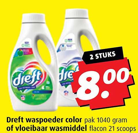 Dreft waspoeder color pak 1040 gram of vloeibaar wasmiddel flacon 21 scoops