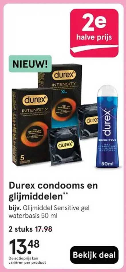 Durex condooms en glijmiddelen** bijv. Glijmiddel Sensitive gel waterbasis 50 ml