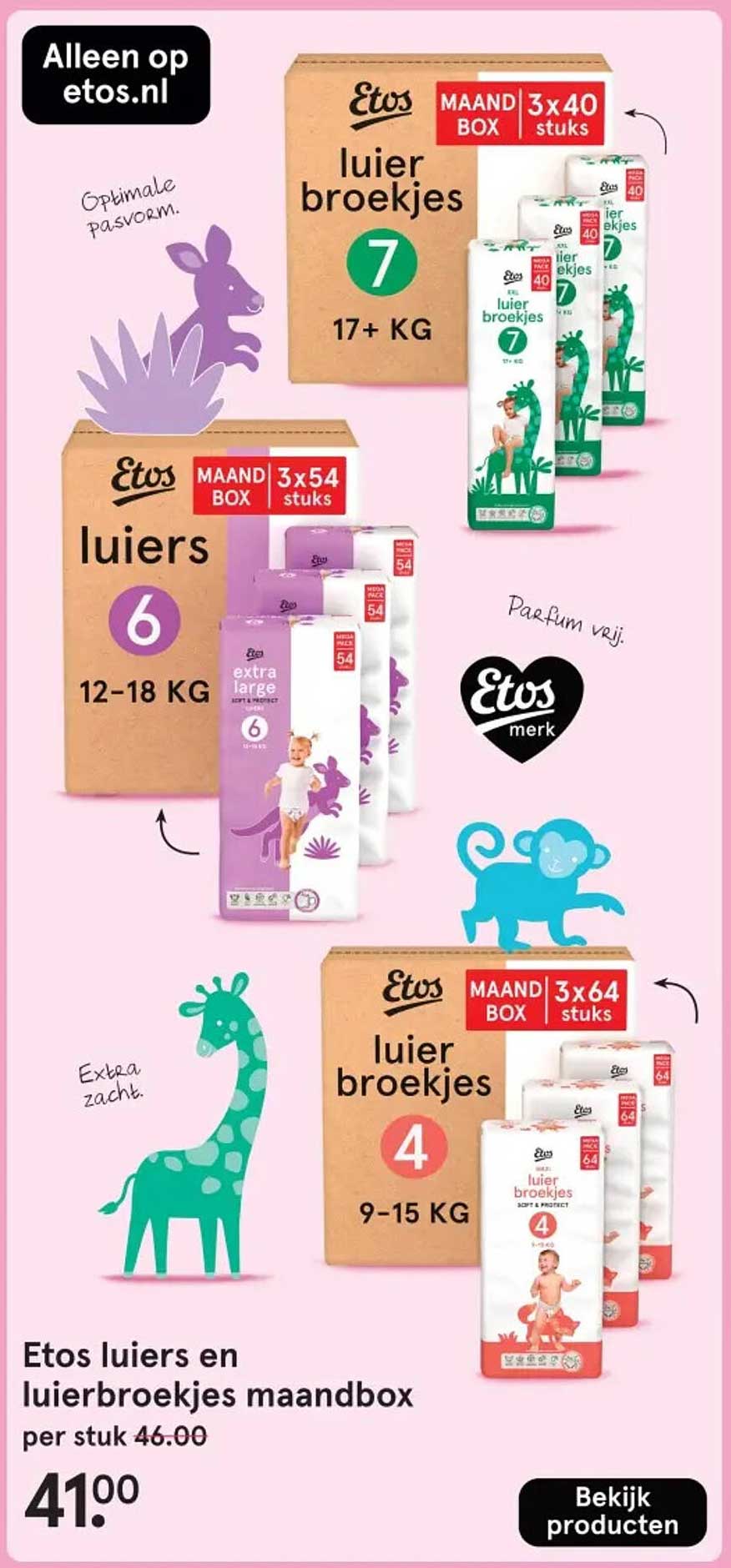 Etos luiers en luierbroekjes maandbox per stuk 46.00 nu voor 41.00