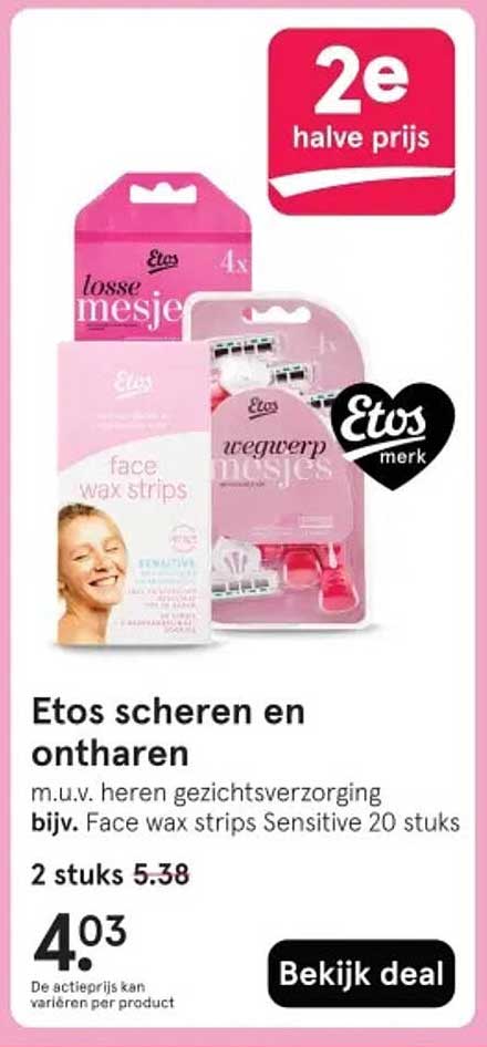 Etos scheren en ontharen m.u.v. heren gezichtsverzorging bijv. Face wax strips Sensitive 20 stuks