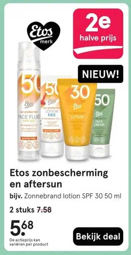 Etos zonbescherming en aftersun bijv. Zonnebrand lotion SPF 30 50 ml