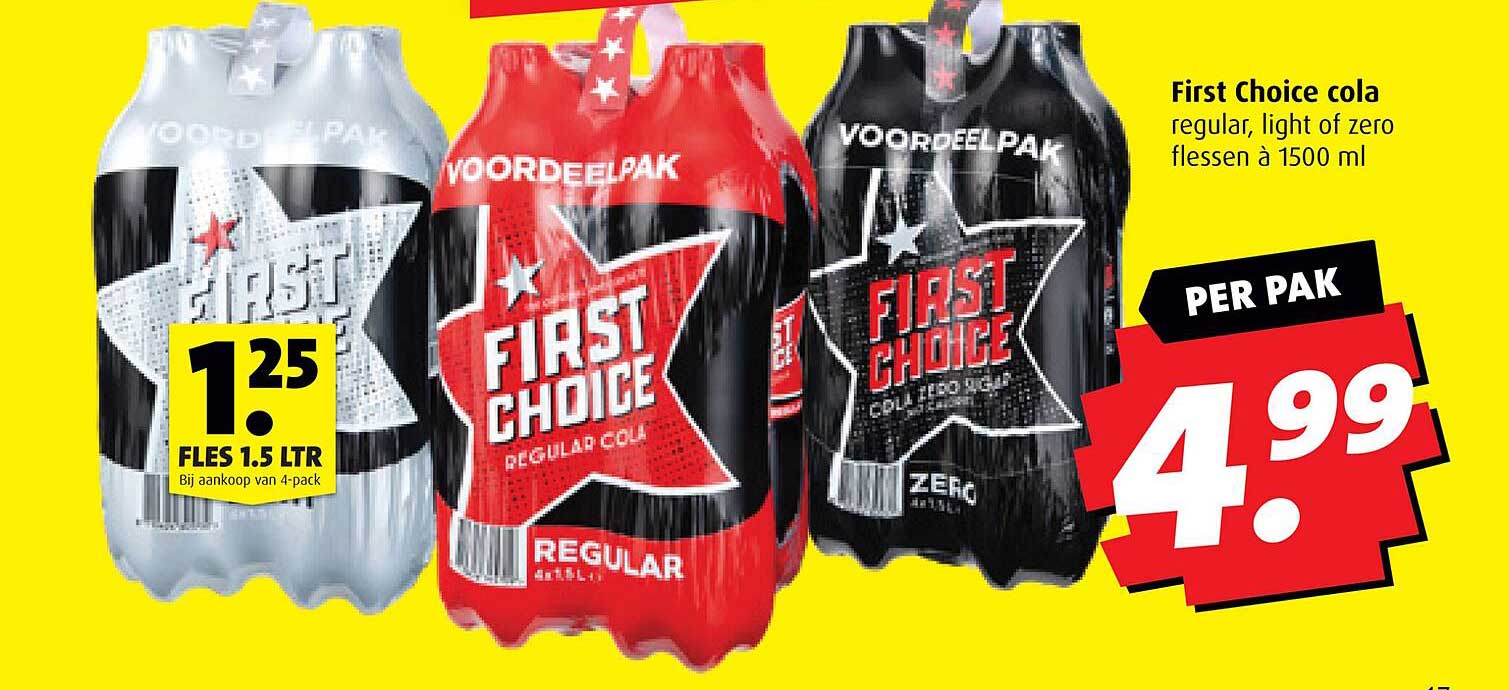 First Choice cola regular, light of zero flessen à 1500 ml