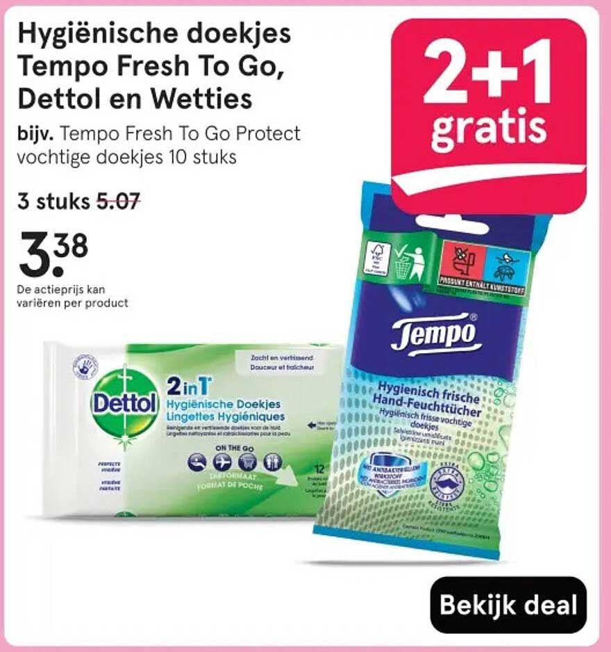 Hygiënische doekjes Tempo Fresh To Go, Dettol en Wetties 2+1 gratis
