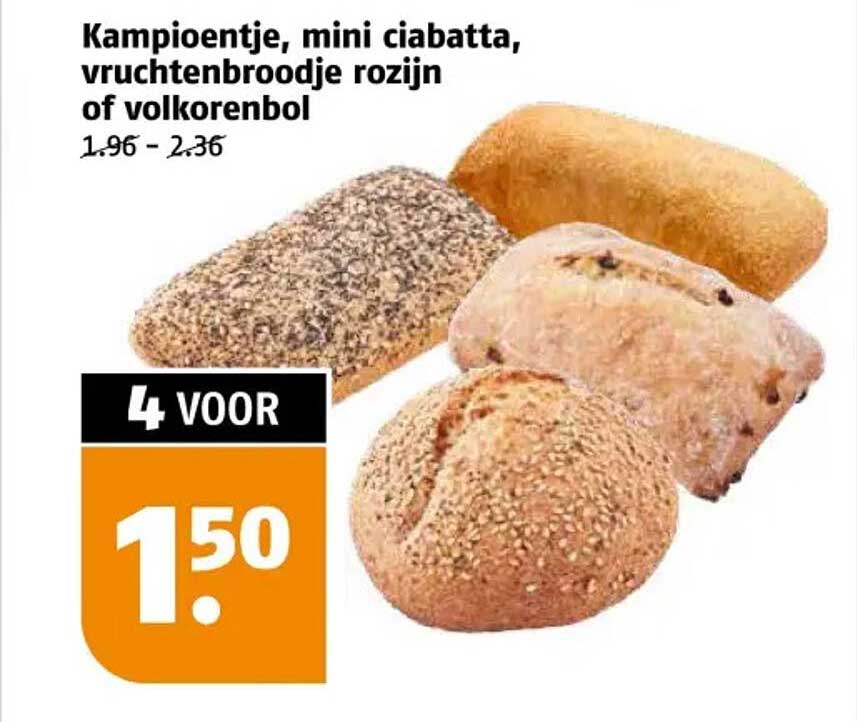 Kampioentje, mini ciabatta, vruchtentbroodje rozijn of volkorenbol