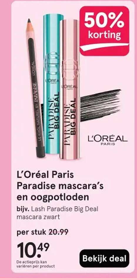 L’Oréal Paris Paradise mascara’s en oogpotloden bijv. Lash Paradise Big Deal mascara zwart