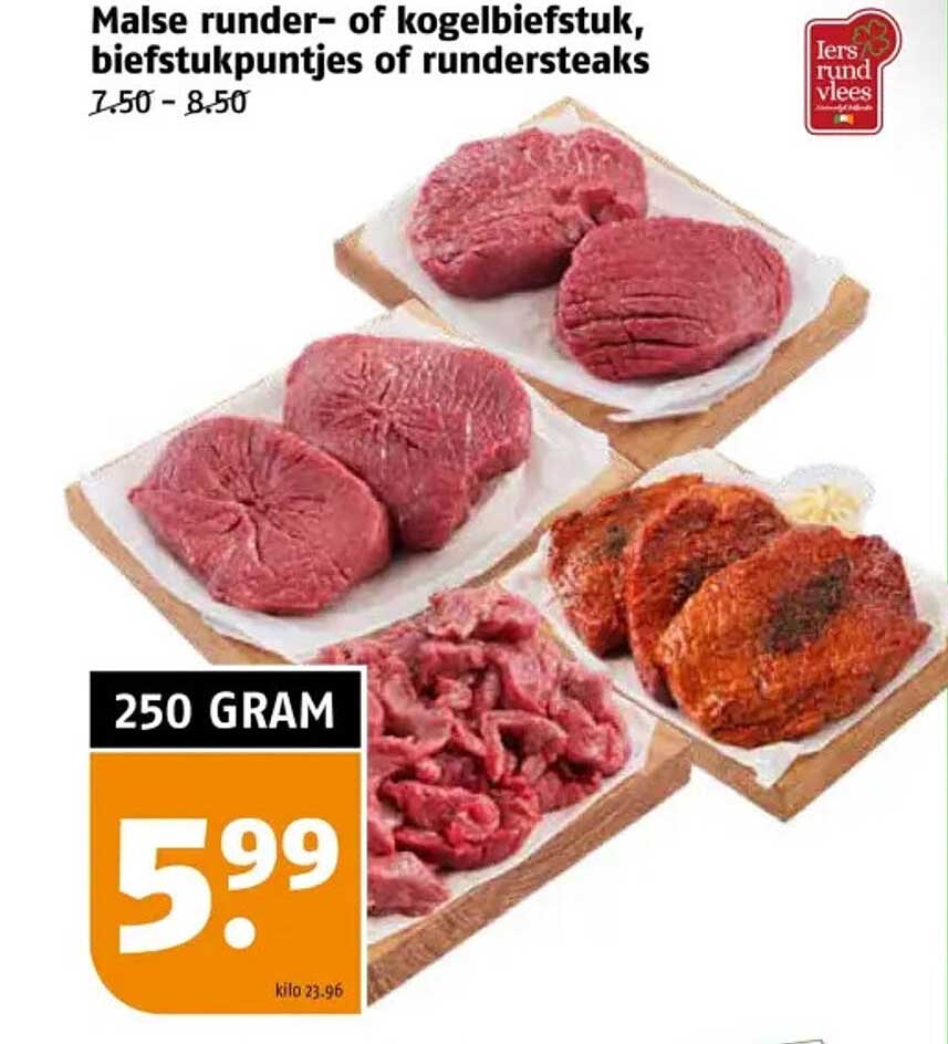 Malse runder- of kogelbiefstuk, biefstukpuntjes of rundersteaks