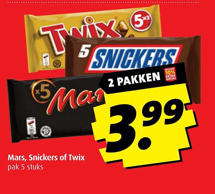 Mars, Snickers of Twix pak 5 stuks
