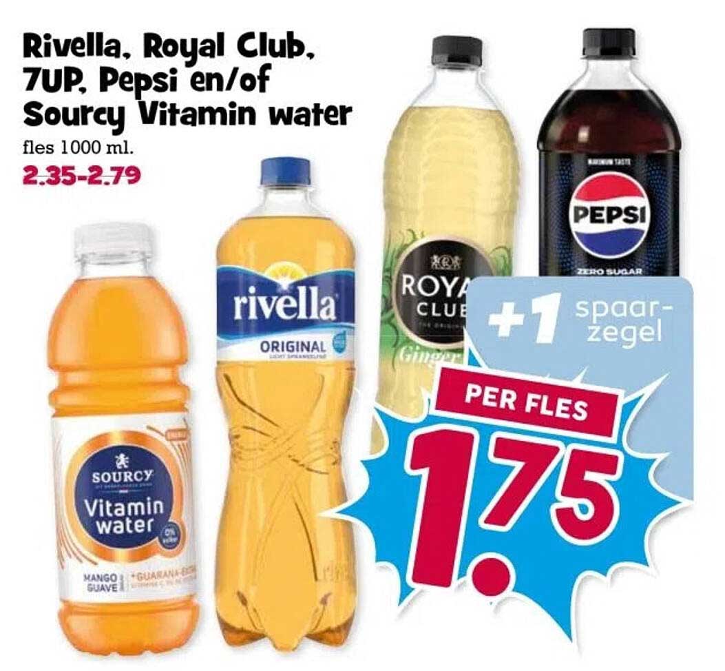 Rivella, Royal Club, 7UP, Pepsi en/of Sourcy Vitamin water fles 1000 ml.