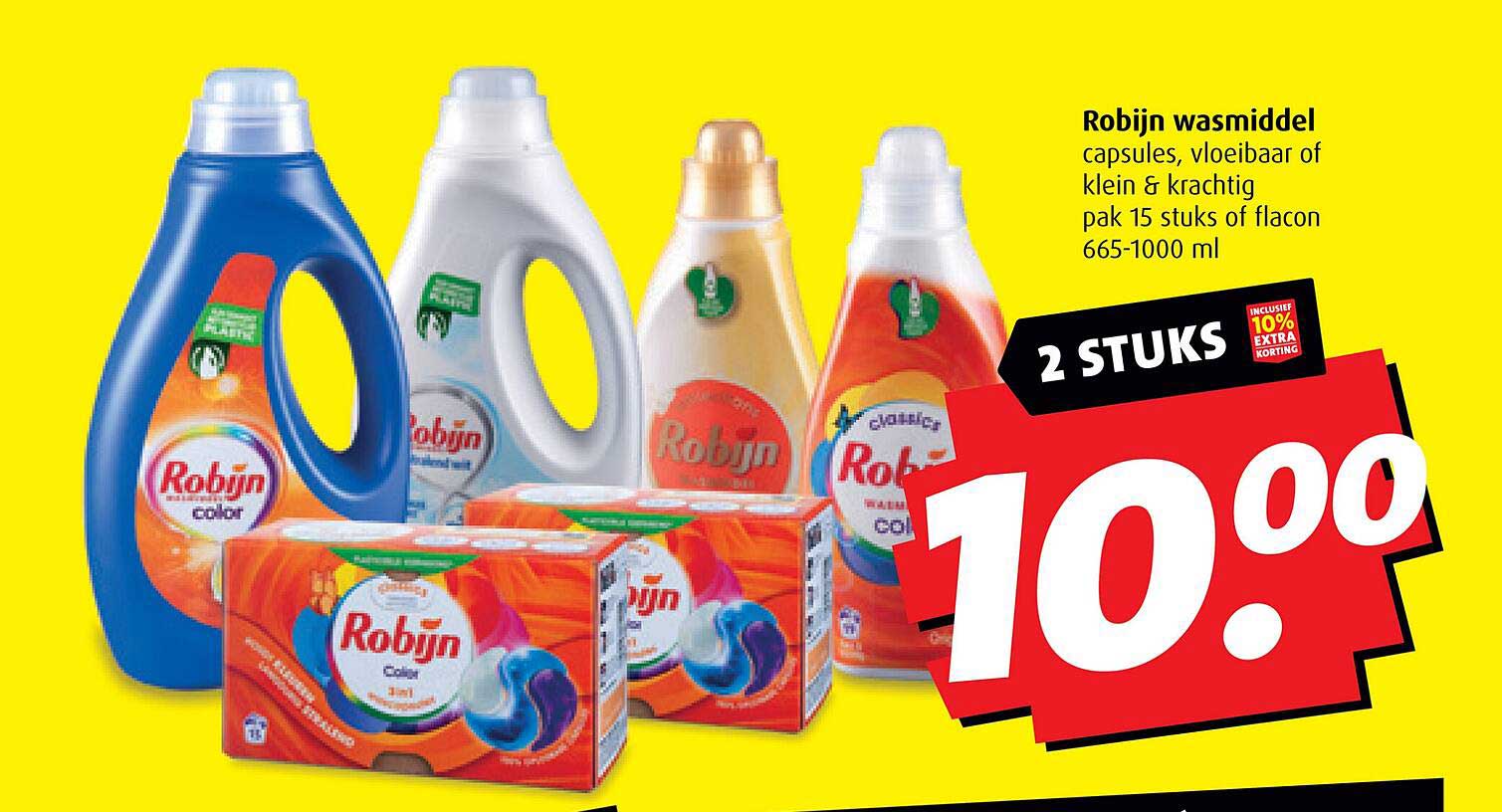 Robijn wasmiddel capsules, vloeibaar of klein & krachtig pak 15 stuks of flacon 665-1000 ml