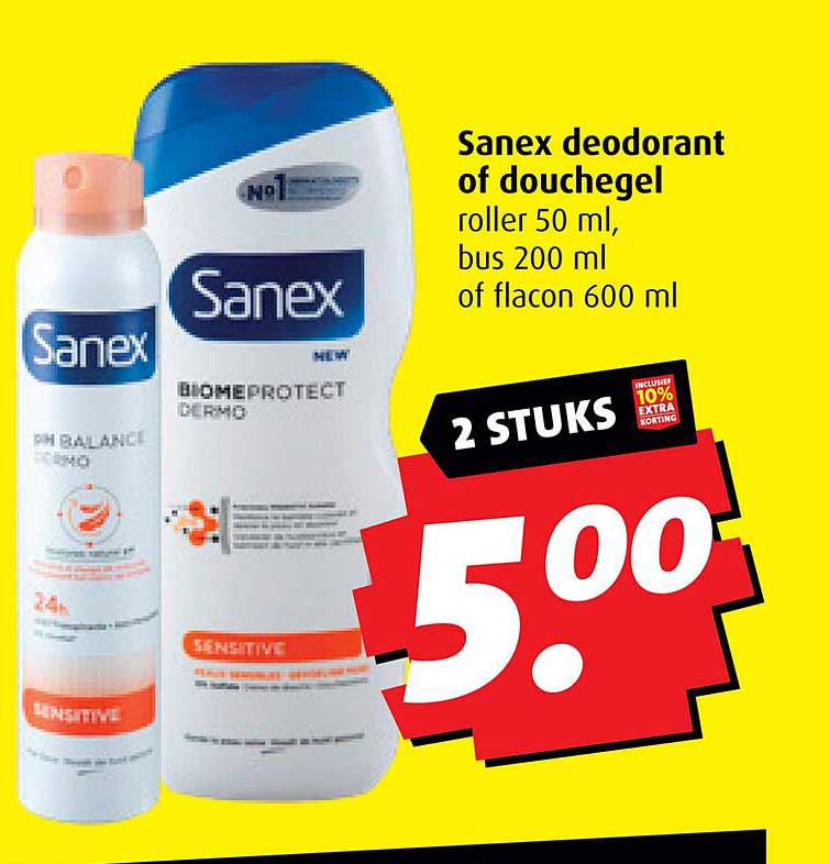Sanex deodorant of douchegel roller 50 ml, bus 200 ml of flacon 600 ml