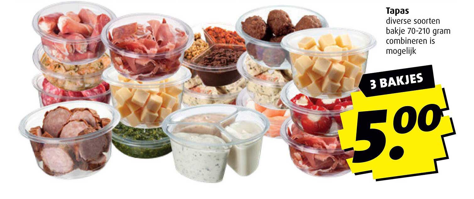 Tapas diverse soorten bakje 70-210 gram combineren is mogelijk