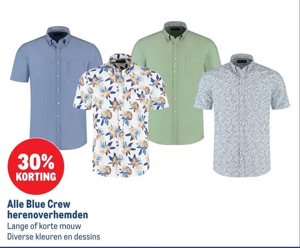 Alle Blue Crew herenoverhemden 30% korting