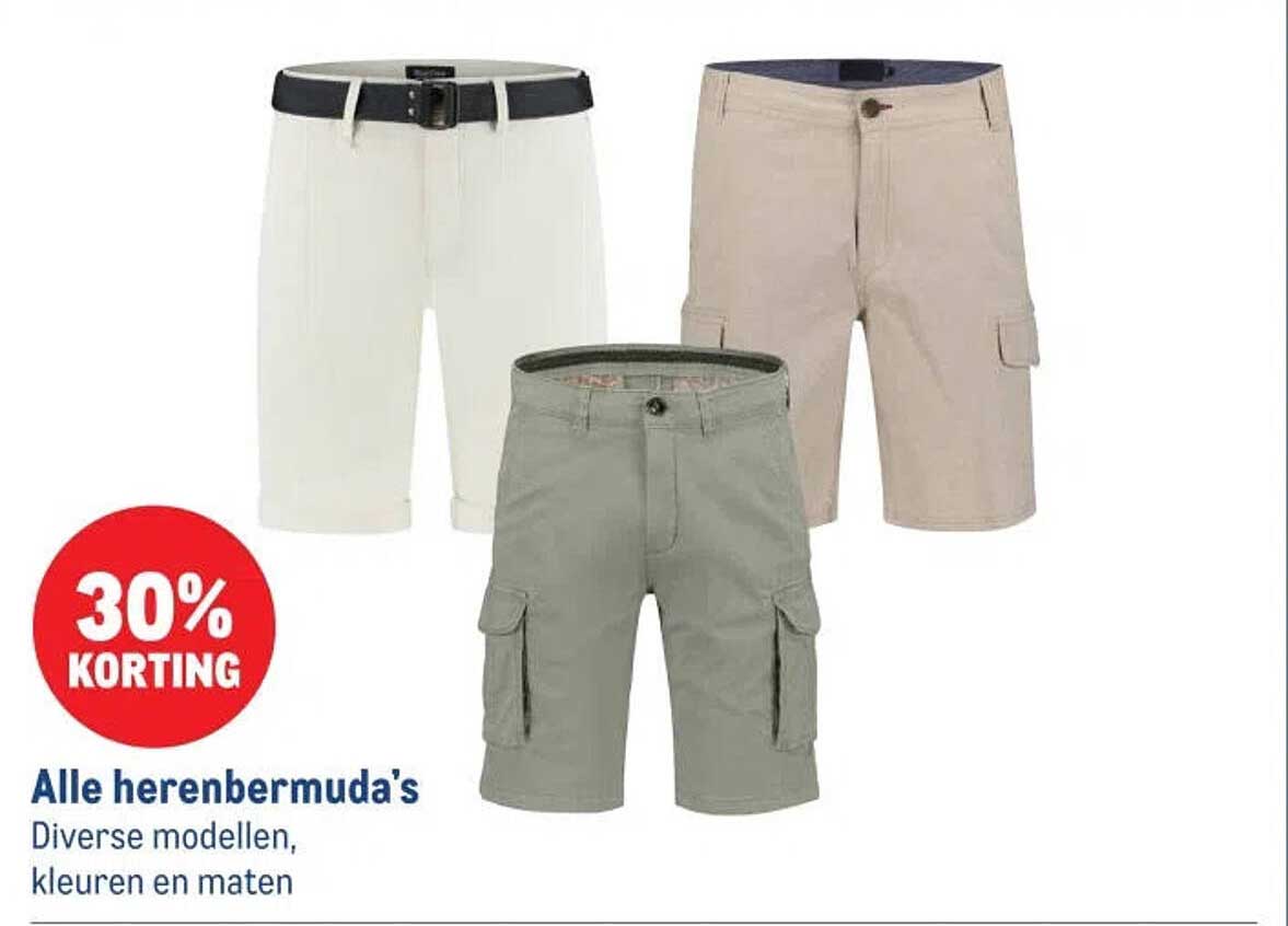 Alle herenbermuda's Diverse modellen, kleuren en maten 30% korting
