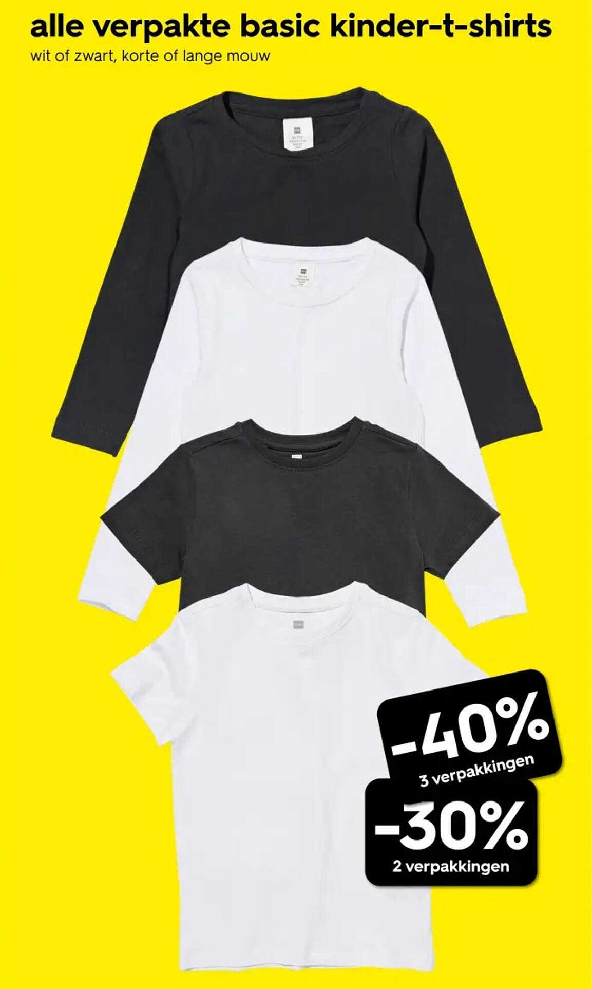 alle verpakte basic kinder-t-shirts wit of zwart, korte of lange mouw -40% 3 verpakkingen -30% 2 verpakkingen