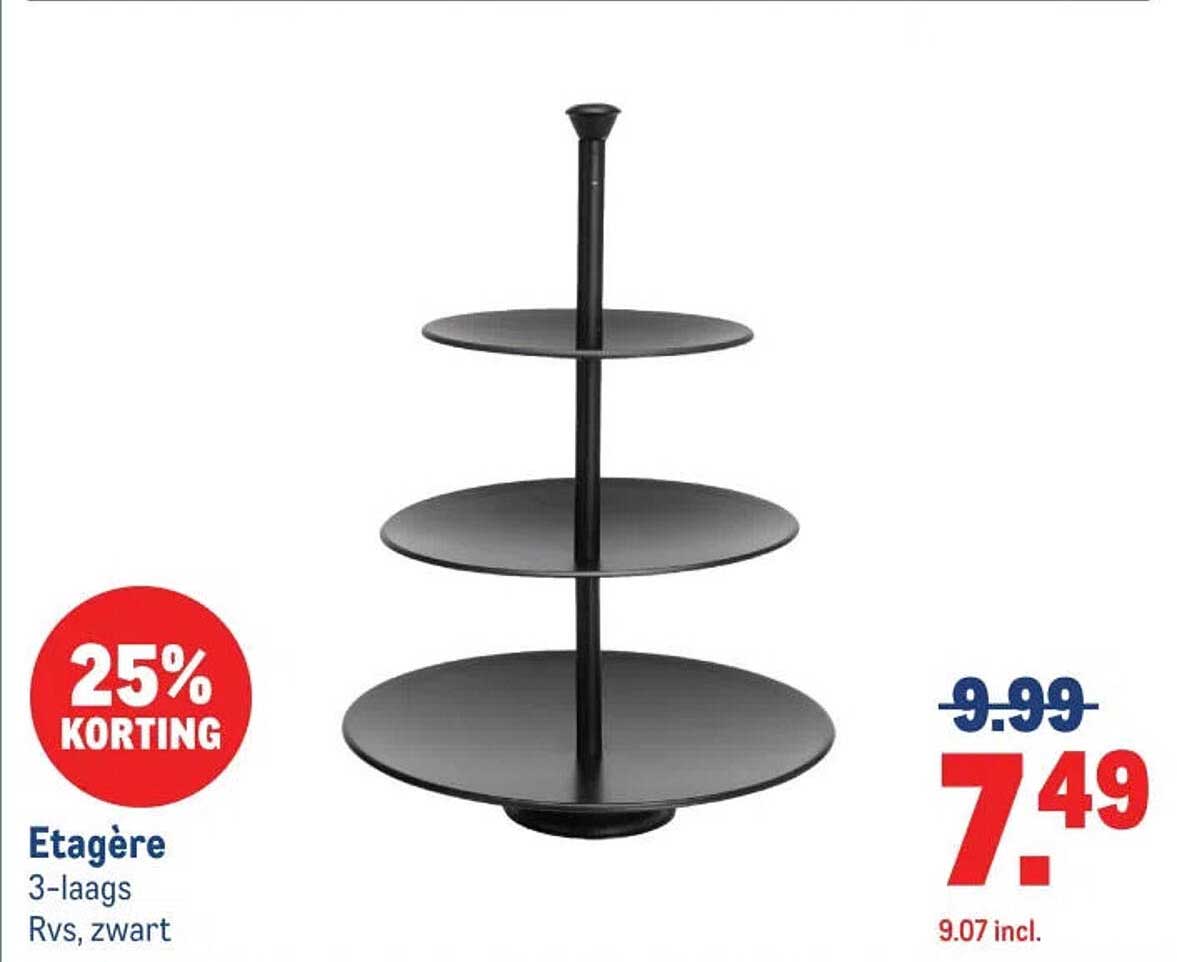 Etagère 3-laags Rvs, zwart 25% KORTING