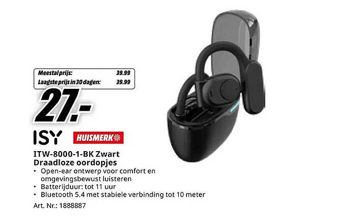 ITW-8000-1-BK Zwart Draadloze oordopjes
