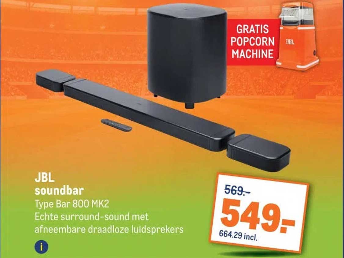 JBL soundbar Type Bar 800 MK2 Echte surround-sound met afneembare draadloze luidsprekers GRATIS POPCORN MACHINE