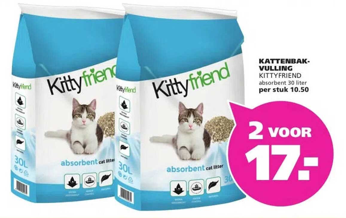 KATTENBAK-VULLING KITTYFRIEND absorbent 30 liter 2 voor 17:-