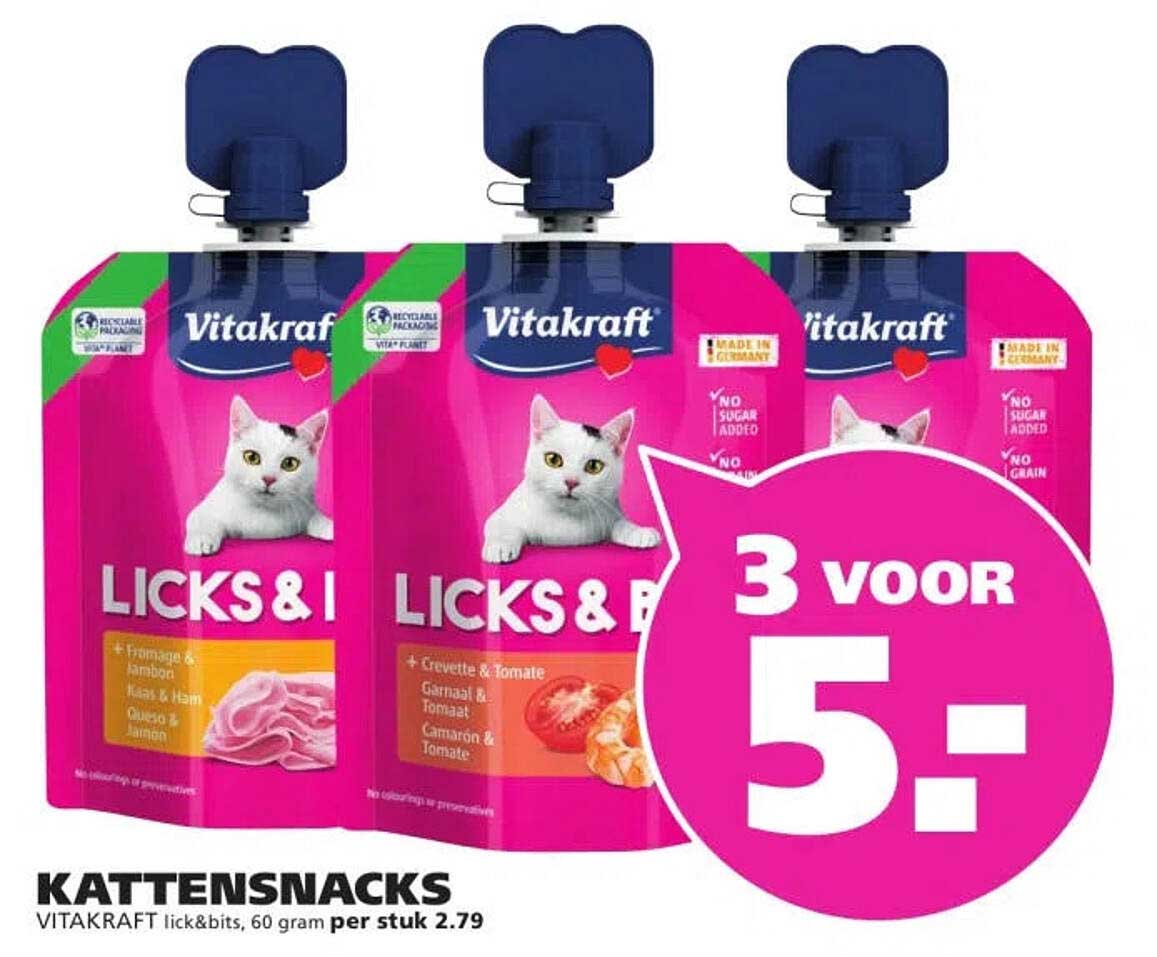KATTENSNACKS VITAKRAFT lick&bits, 60 gram per stuk 3 voor 5-