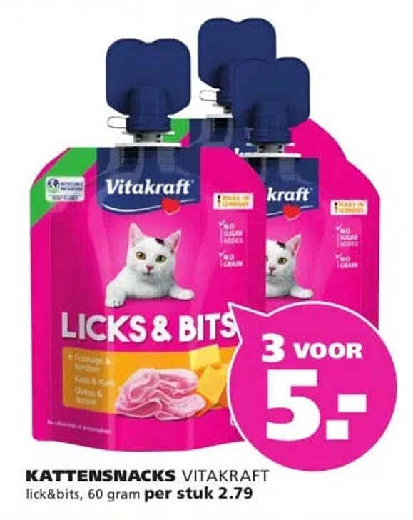KATTENSNACKS VITAKRAFT lick&bits, 60 gram per stuk 3 voor 5: