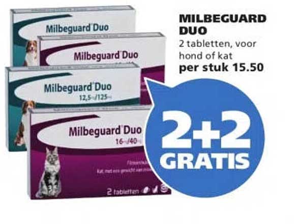Milbeguard Duo 2 tabletten, voor hond of kat per stuk 15.50 2+2 GRATIS