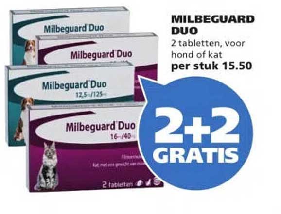 MILBEGUARD DUO 2 tabletten, voor hond of kat per stuk 15.50 2+2 GRATIS